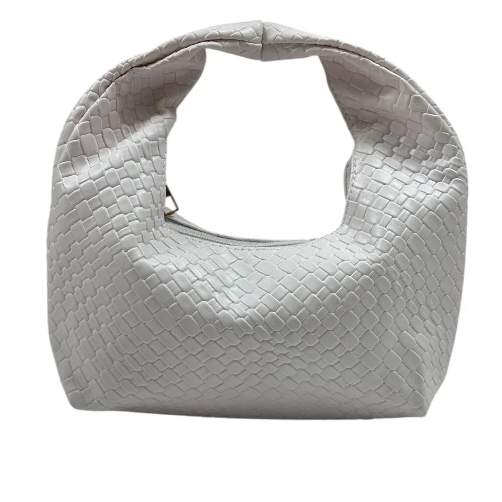 Embossed Woven Slouchy Mini Hobo Bag Faux Leather-White- NWT